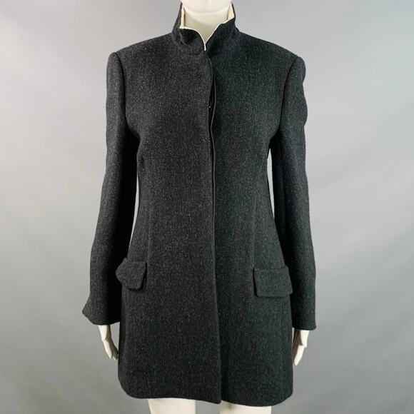 Size 4 Aimon Black Charcoal Wool Paper Nehru Collar Hidden Buttons Jacket - Picture 1 of 8